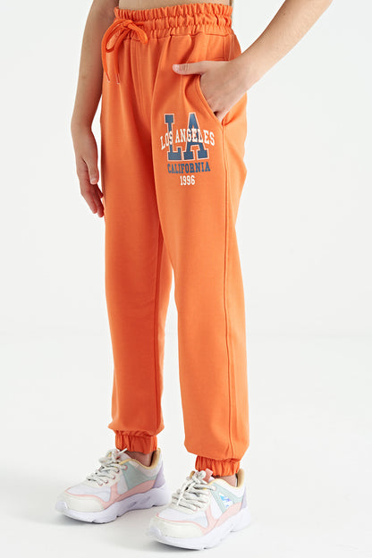 Orange Print Embroidered Standard Cut Jogger Girls' Tracksuit Bottom - 75120