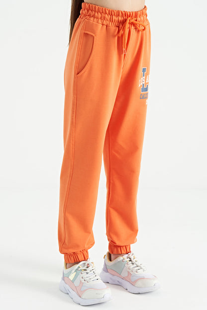 Orange Print Embroidered Standard Cut Jogger Girls' Tracksuit Bottom - 75120