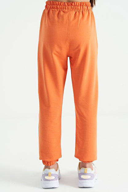 Orange Print Embroidered Standard Cut Jogger Girls' Tracksuit Bottom - 75120