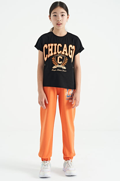 Orange Print Embroidered Standard Cut Jogger Girls' Tracksuit Bottom - 75120