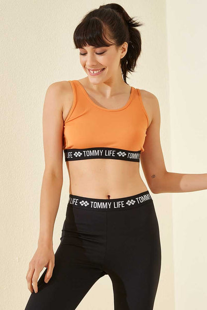 Orange Written Striped Standard Mold U Collar Women's Sports Bustier - 97113