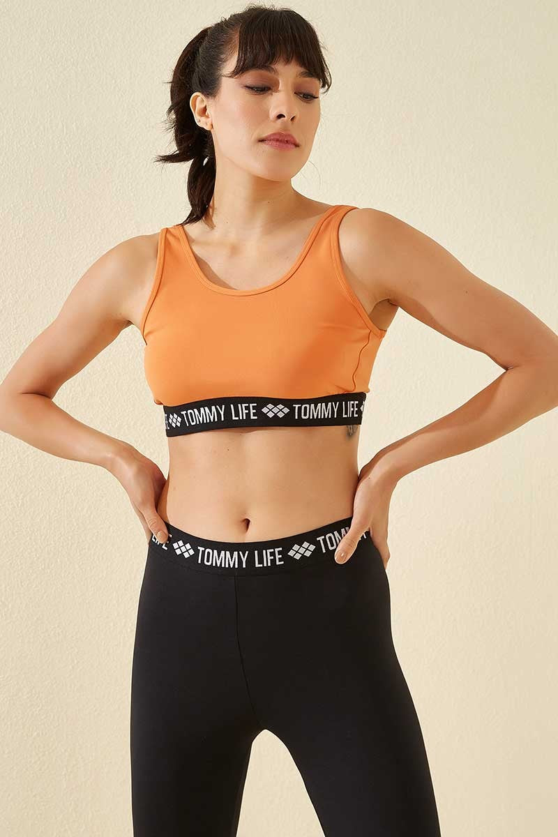 Orange Written Striped Standard Mold U Collar Women's Sports Bustier - 97113