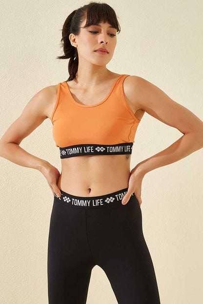 Orange Written Striped Standard Mold U Collar Women's Sports Bustier - 97113