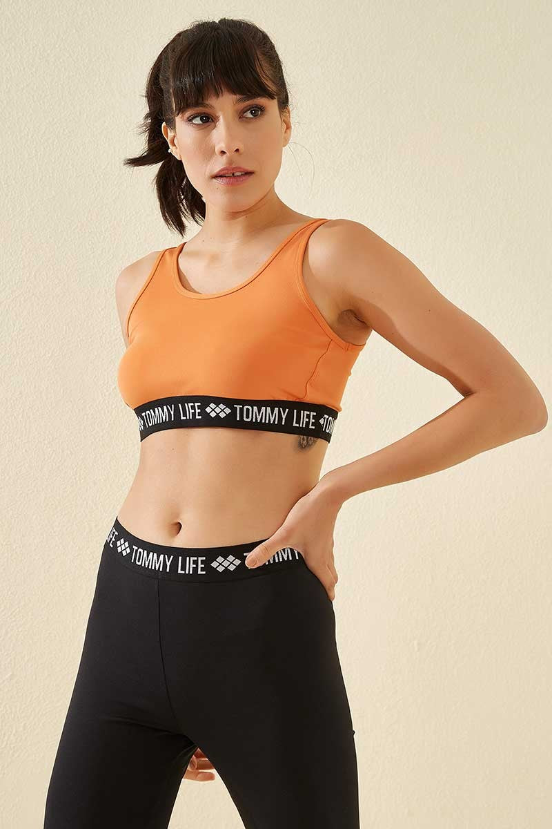 Orange Written Striped Standard Mold U Collar Women's Sports Bustier - 97113