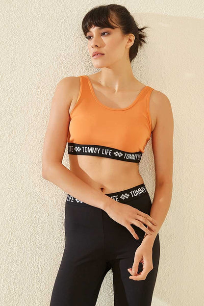 Orange Written Striped Standard Mold U Collar Women's Sports Bustier - 97113