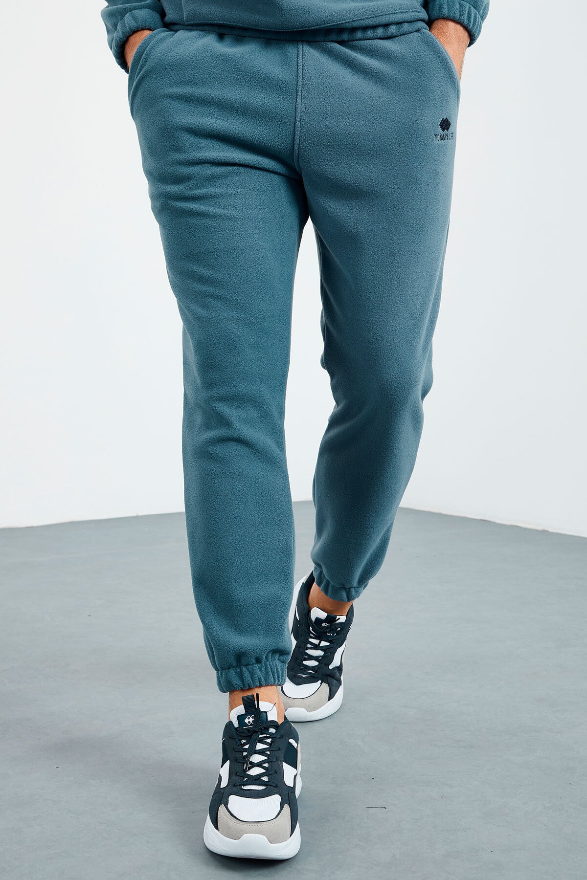 Forest Green - Forest Green Half Zip Stand-Up Collar Elastic Cuffed Fleece Men's Tracksuit Set - 85159