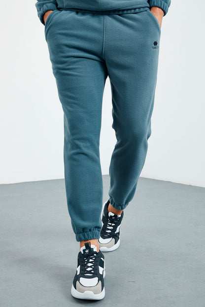 Forest Green - Forest Green Half Zip Stand-Up Collar Elastic Cuffed Fleece Men's Tracksuit Set - 85159