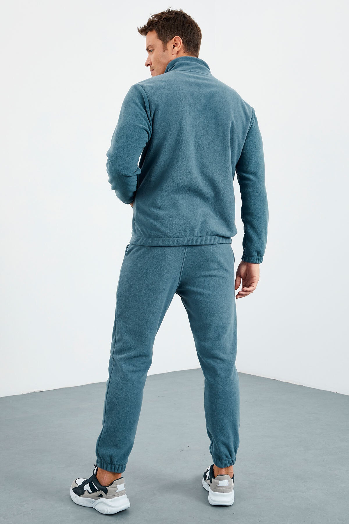Forest Green - Forest Green Half Zip Stand-Up Collar Elastic Cuffed Fleece Men's Tracksuit Set - 85159