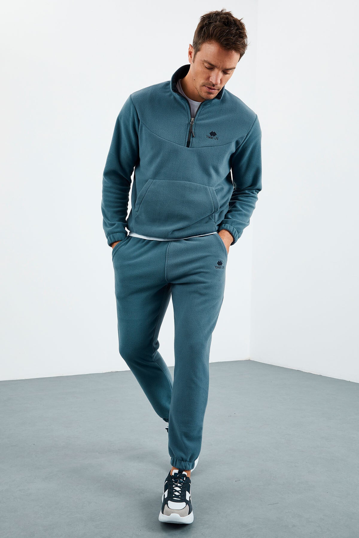 Forest Green - Forest Green Half Zip Stand-Up Collar Elastic Cuffed Fleece Men's Tracksuit Set - 85159