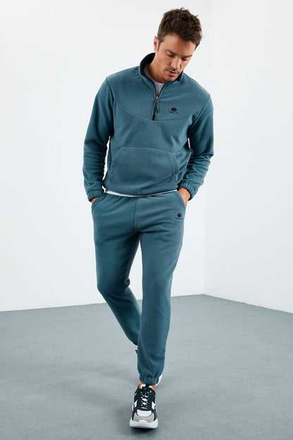 Forest Green - Forest Green Half Zip Stand-Up Collar Elastic Cuffed Fleece Men's Tracksuit Set - 85159