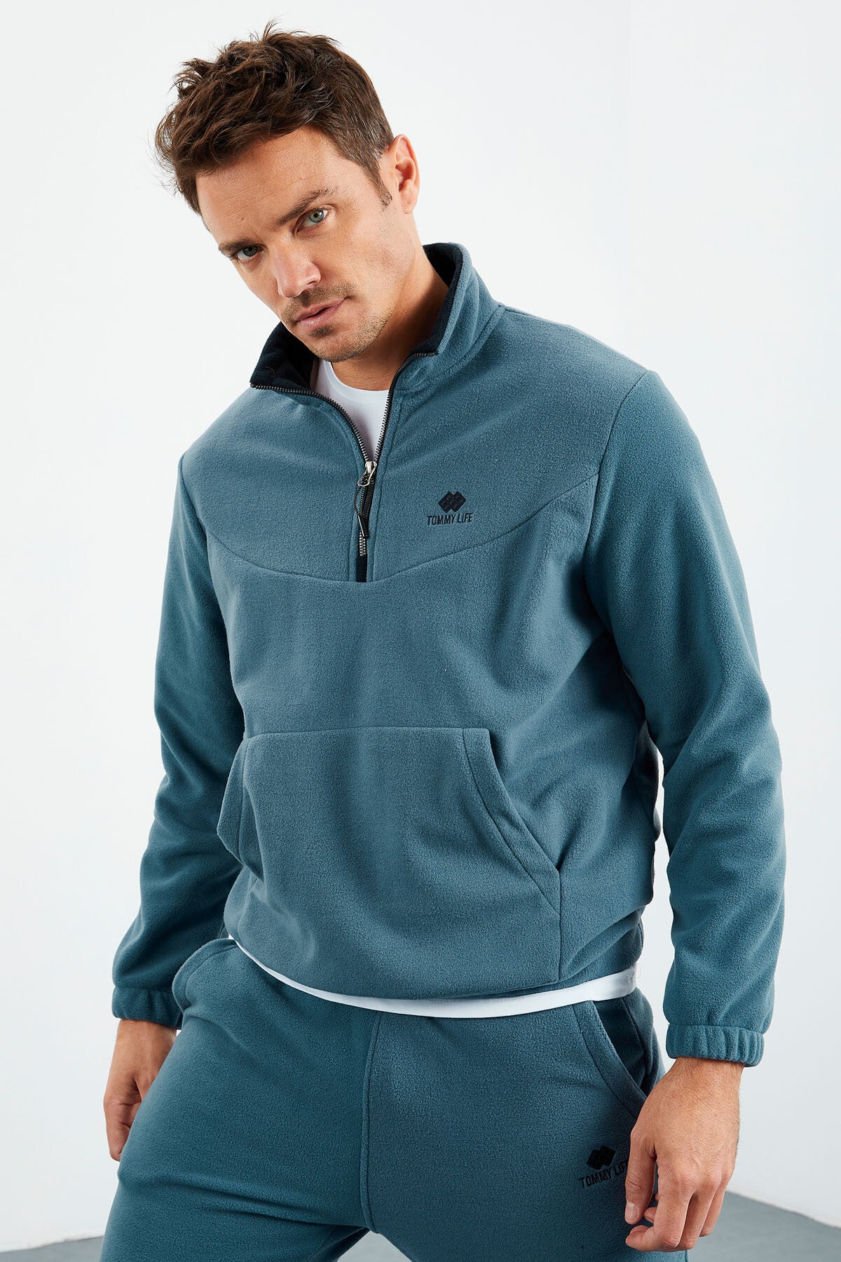 Forest Green - Forest Green Half Zip Stand-Up Collar Elastic Cuffed Fleece Men's Tracksuit Set - 85159