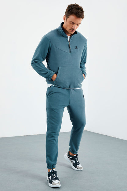 Forest Green - Forest Green Half Zip Stand-Up Collar Elastic Cuffed Fleece Men's Tracksuit Set - 85159