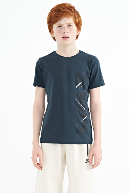 Forest Green Print Detailed O Collar Standard Fit Boys T-Shirt - 11104