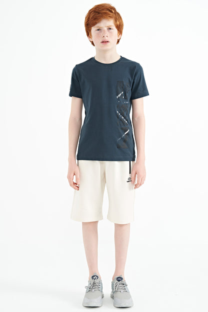 Forest Green Print Detailed O Collar Standard Fit Boys T-Shirt - 11104