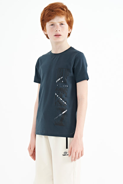 Forest Green Print Detailed O Collar Standard Fit Boys T-Shirt - 11104