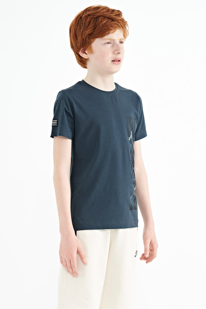 Forest Green Print Detailed O Collar Standard Fit Boys T-Shirt - 11104