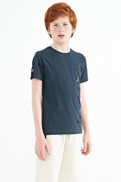 Forest Green Print Detailed O Collar Standard Fit Boys T-Shirt - 11104