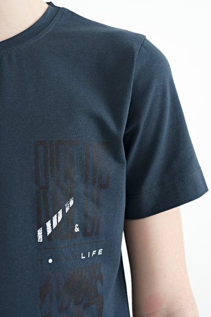 Forest Green Print Detailed O Collar Standard Fit Boys T-Shirt - 11104