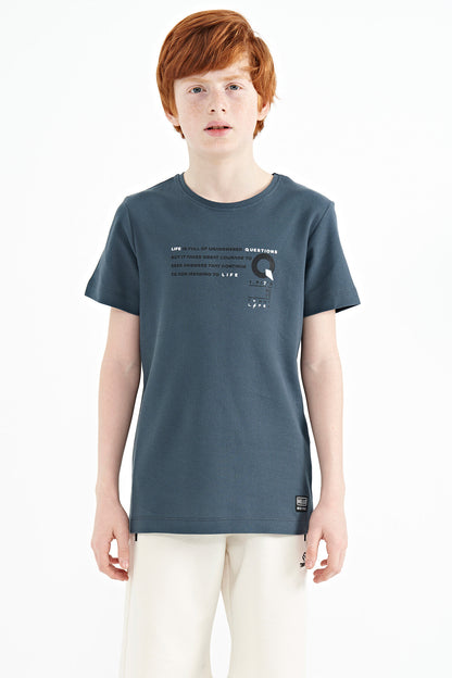 Forest Green Print Detailed O Collar Standard Fit Boys T-Shirt - 11145