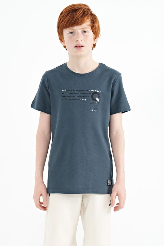 Forest Green Print Detailed O Collar Standard Fit Boys T-Shirt - 11145