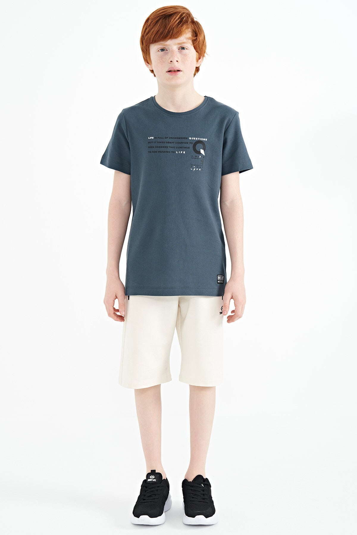 Forest Green Print Detailed O Collar Standard Fit Boys T-Shirt - 11145