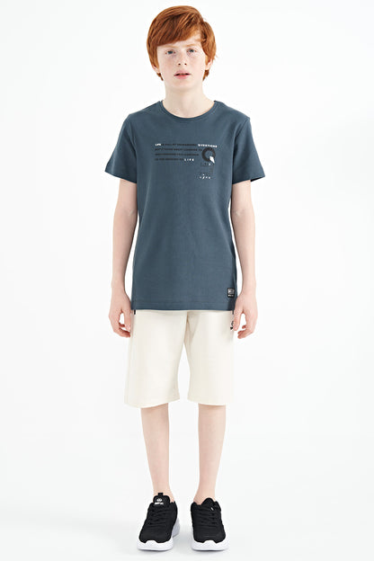 Forest Green Print Detailed O Collar Standard Fit Boys T-Shirt - 11145
