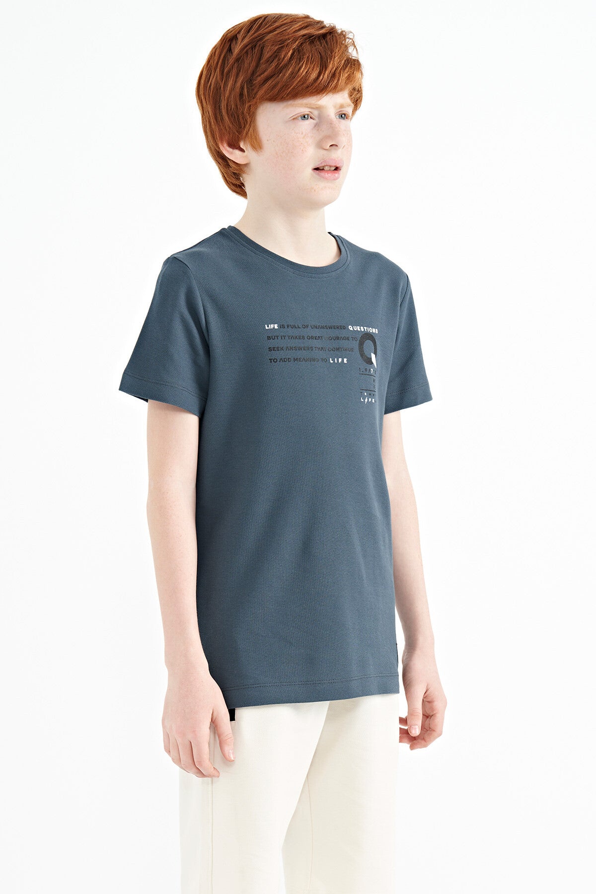 Forest Green Print Detailed O Collar Standard Fit Boys T-Shirt - 11145