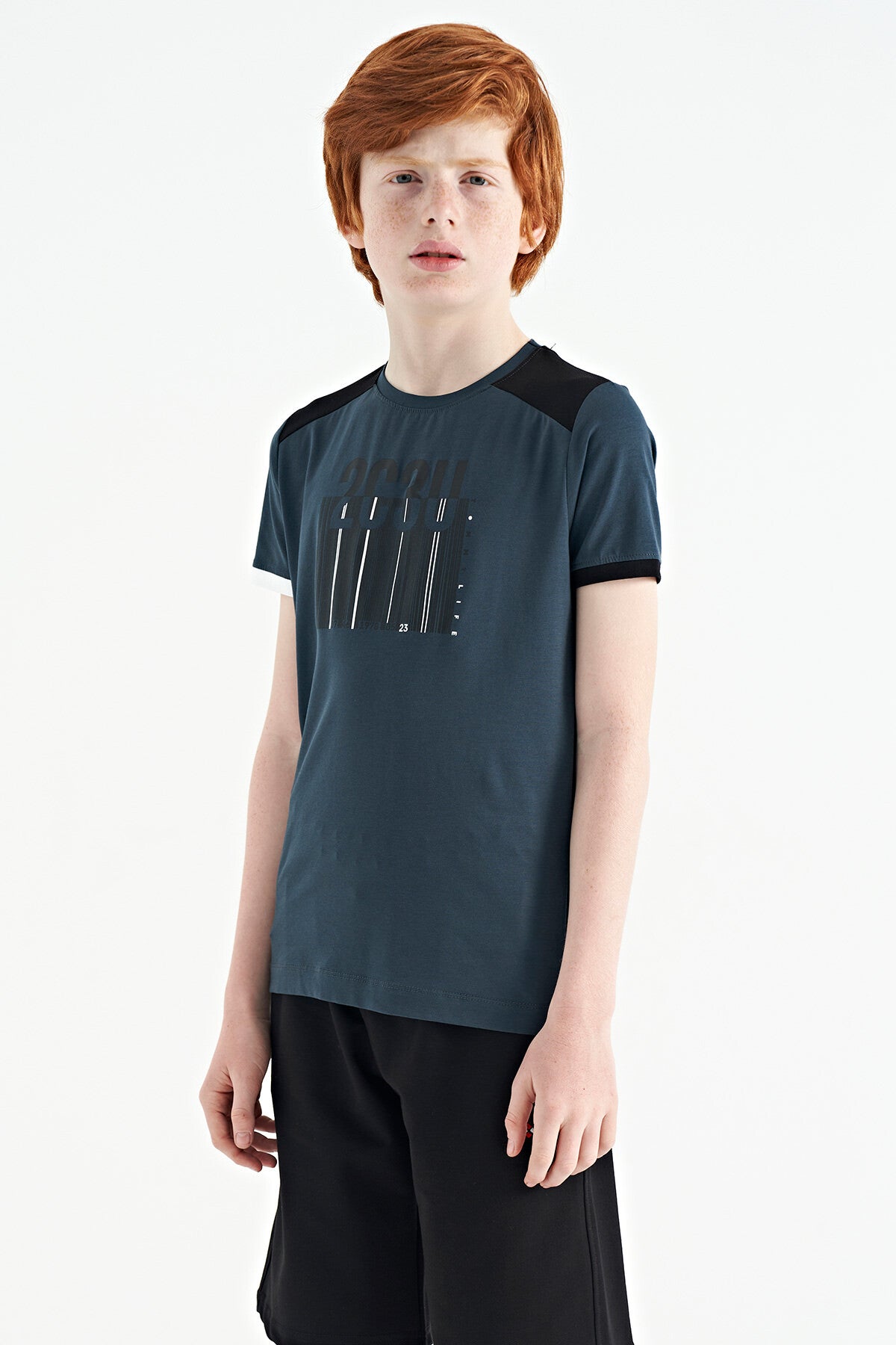 Forest Green Print Detailed O Collar Standard Fit Boys T-Shirt - 11157