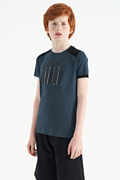 Forest Green Print Detailed O Collar Standard Fit Boys T-Shirt - 11157