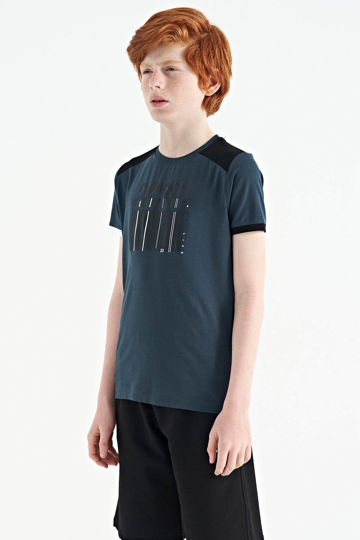 Forest Green Print Detailed O Collar Standard Fit Boys T-Shirt - 11157
