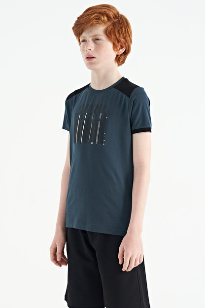Forest Green Print Detailed O Collar Standard Fit Boys T-Shirt - 11157
