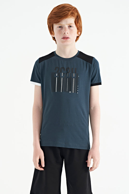 Forest Green Print Detailed O Collar Standard Fit Boys T-Shirt - 11157
