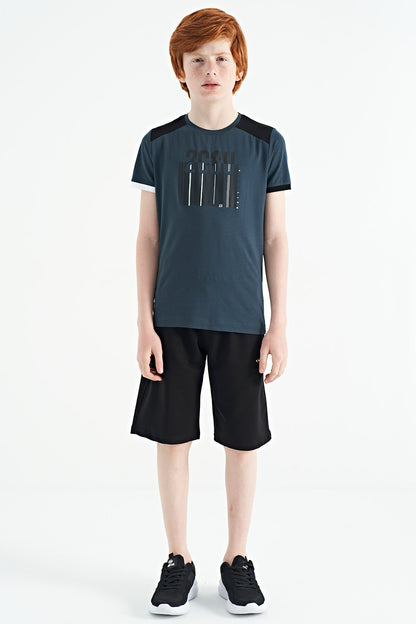 Forest Green Print Detailed O Collar Standard Fit Boys T-Shirt - 11157