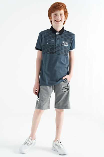 Forest Green Print Detailed Pola Collar Standard Fit Boys' T-Shirt - 11161