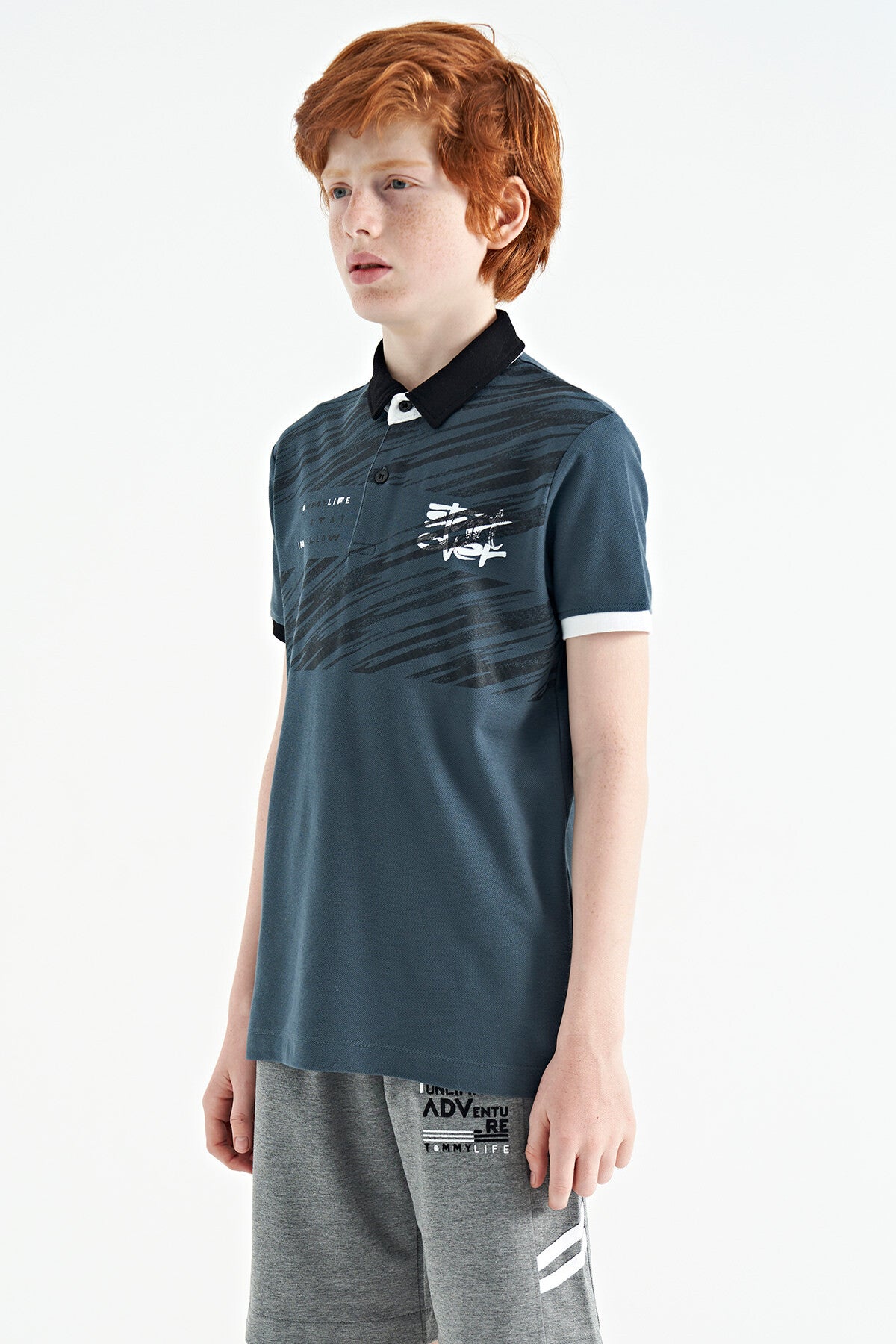 Forest Green Print Detailed Pola Collar Standard Fit Boys' T-Shirt - 11161