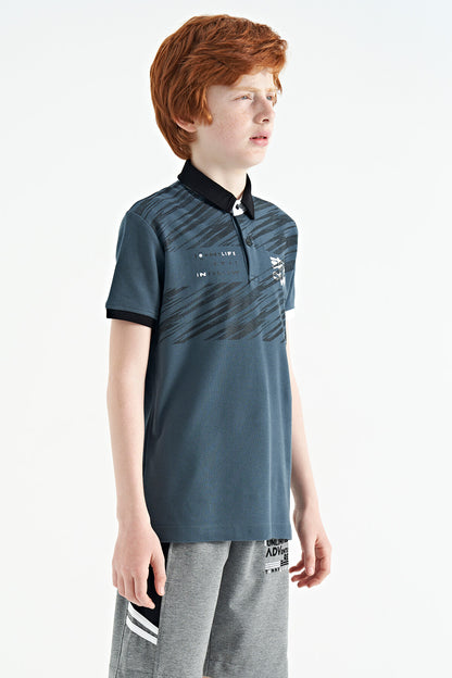 Forest Green Print Detailed Pola Collar Standard Fit Boys' T-Shirt - 11161