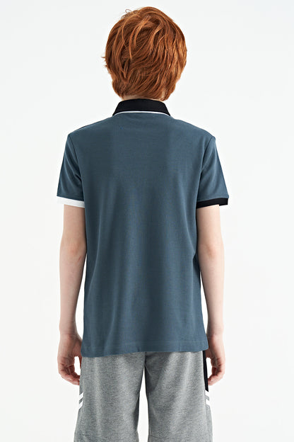 Forest Green Print Detailed Pola Collar Standard Fit Boys' T-Shirt - 11161