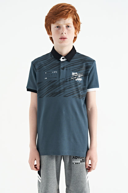 Forest Green Print Detailed Pola Collar Standard Fit Boys' T-Shirt - 11161