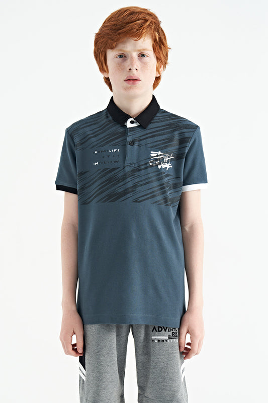 Forest Green Print Detailed Pola Collar Standard Fit Boys' T-Shirt - 11161