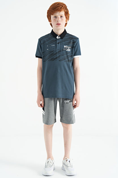 Forest Green Print Detailed Pola Collar Standard Fit Boys' T-Shirt - 11161