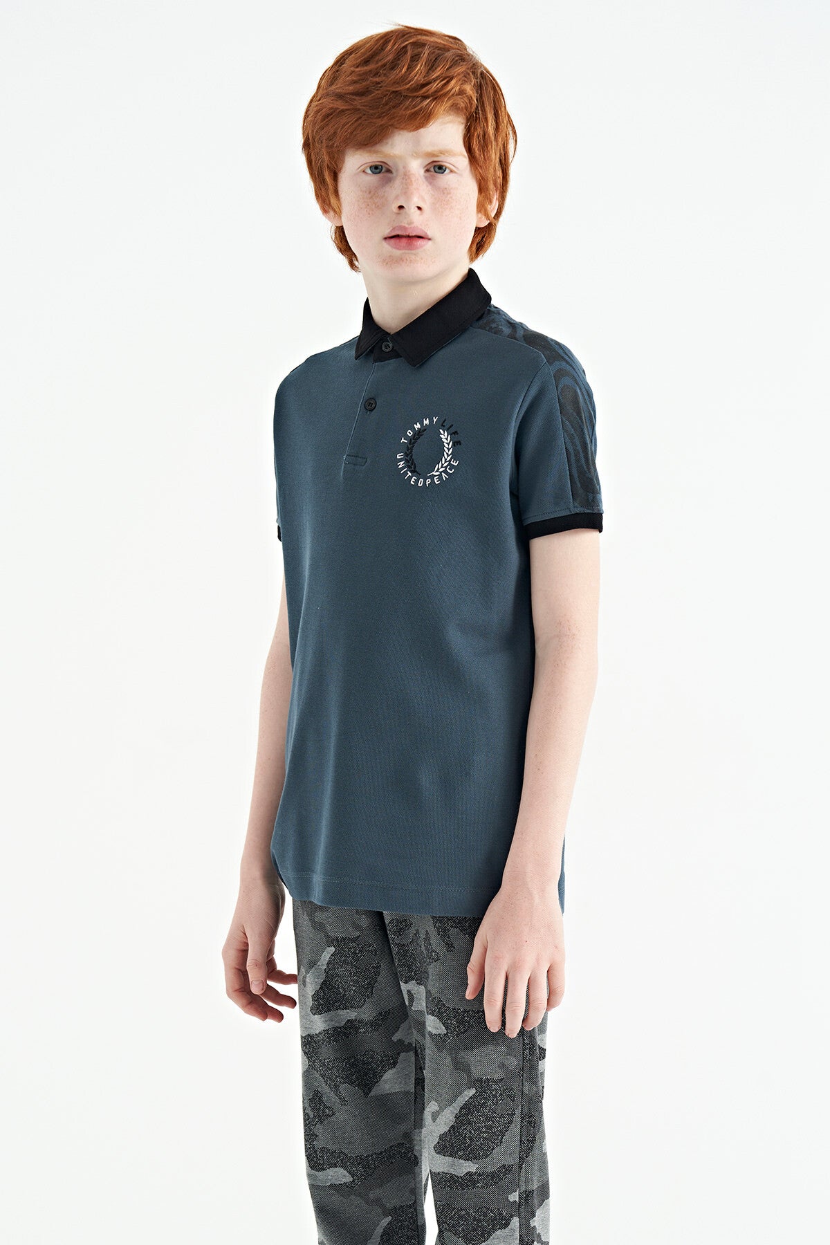 Forest Green Print Detailed Polo Collar Standard Fit Boys' T-Shirt - 11166