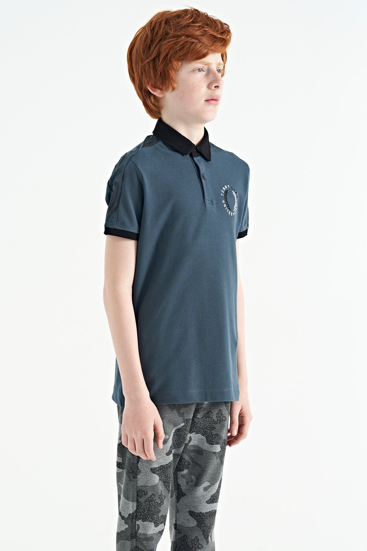 Forest Green Print Detailed Polo Collar Standard Fit Boys' T-Shirt - 11166