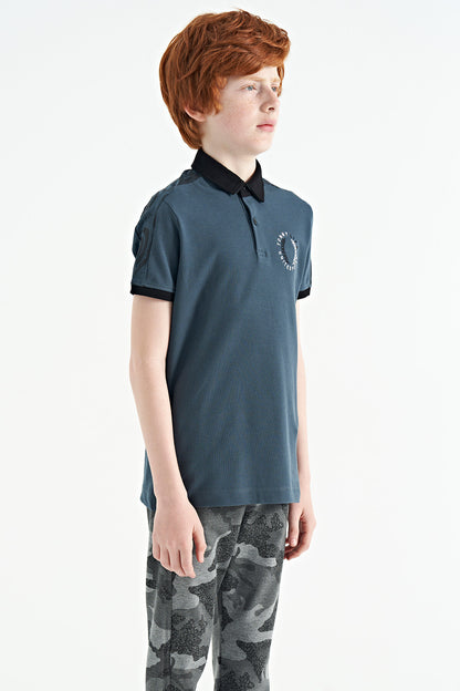 Forest Green Print Detailed Polo Collar Standard Fit Boys' T-Shirt - 11166