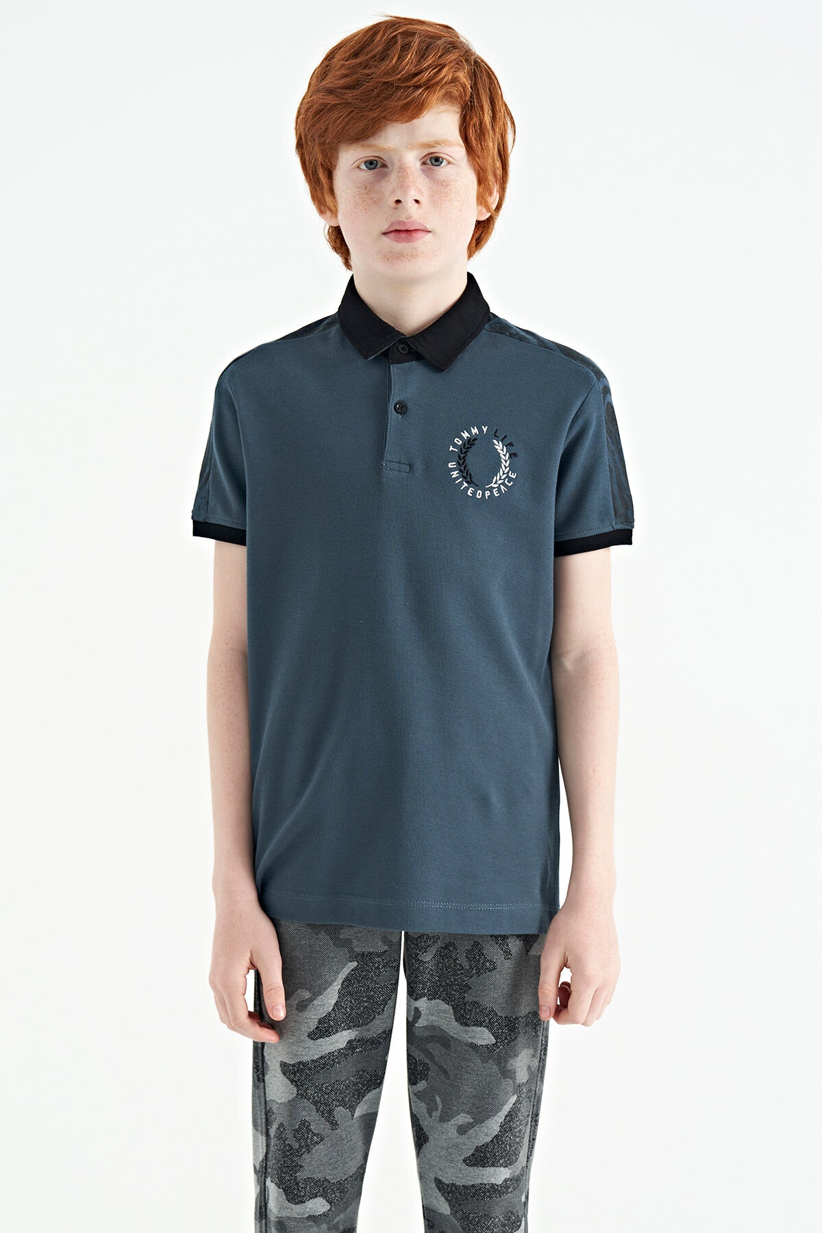 Forest Green Print Detailed Polo Collar Standard Fit Boys' T-Shirt - 11166