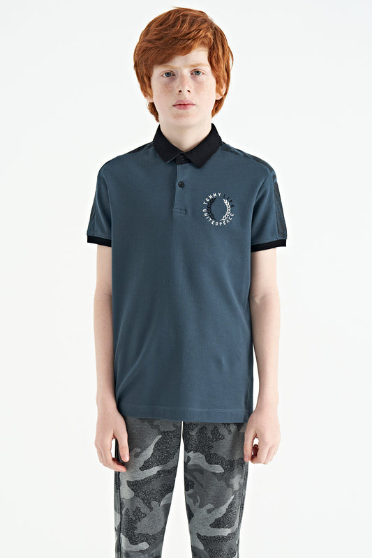 Forest Green Print Detailed Polo Collar Standard Fit Boys' T-Shirt - 11166