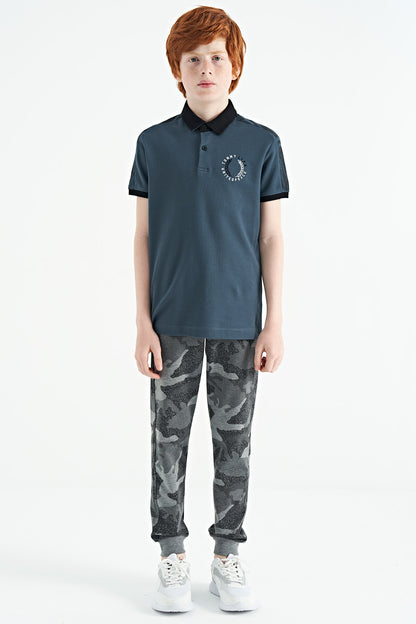 Forest Green Print Detailed Polo Collar Standard Fit Boys' T-Shirt - 11166