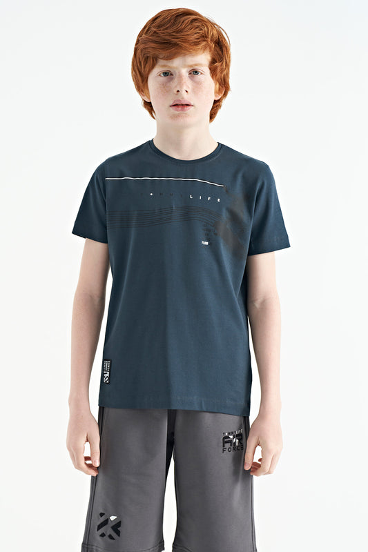 Forest Green Print Detailed Standard Fit O Collar Boys T-Shirt - 11133