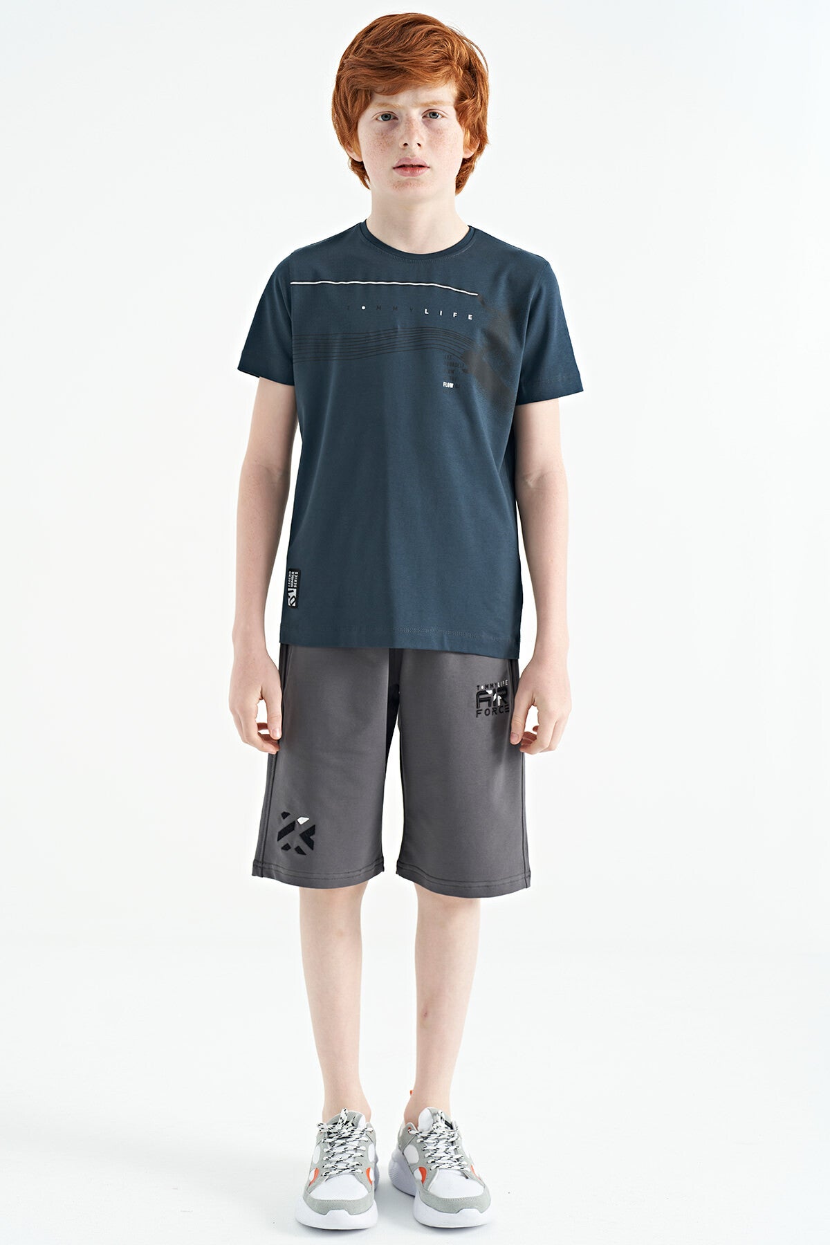 Forest Green Print Detailed Standard Fit O Collar Boys T-Shirt - 11133