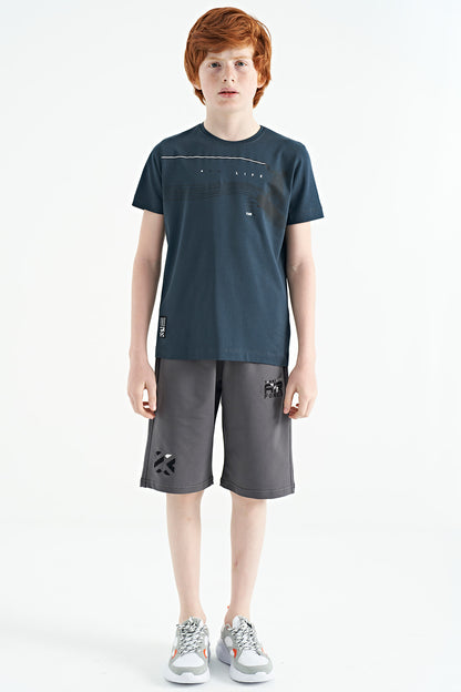 Forest Green Print Detailed Standard Fit O Collar Boys T-Shirt - 11133