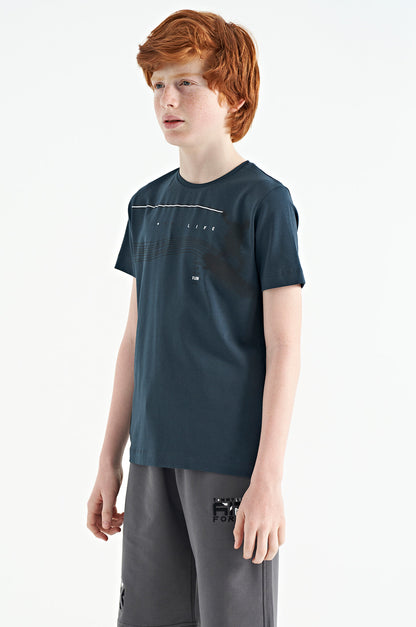Forest Green Print Detailed Standard Fit O Collar Boys T-Shirt - 11133